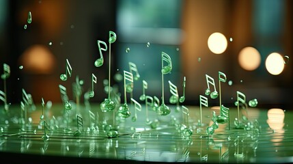  a group of musical notes sitting on top of a table next to a glass vase with a green liquid in front of it and a blurry background of music notes.  generative ai - obrazy, fototapety, plakaty