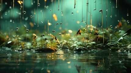  a group of drops of water hanging from the ceiling of a rain - soaked forest filled with green plants and leaves, with a pond in the foreground is a dark green background.  generative ai