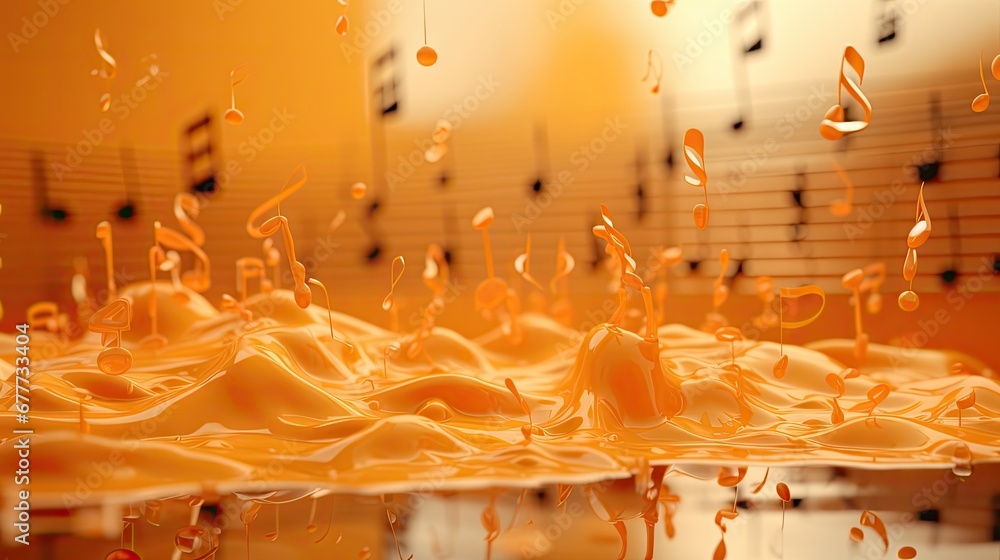 Poster an orange liquid filled with musical notes floating on top of a pool of water in front of a yellow w