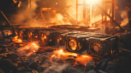 Burning Bitcoin farm in room. Mining cryptocurrency burn and data center supercomputer technology in fire. - obrazy, fototapety, plakaty