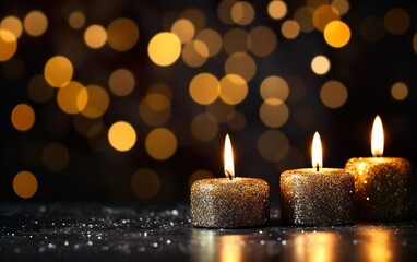 Burning candles over black background with bokeh glit fad
