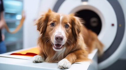 Dog lying on table before scanning in MRI equipment in veterinary clinic. Banner Vet CT scan for...