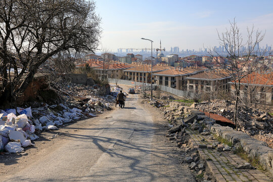 Top view of the future construction site. A road winding among the debris of demolished buildings and rubbish dumps. Uskudar district, Istanbul, Turkey