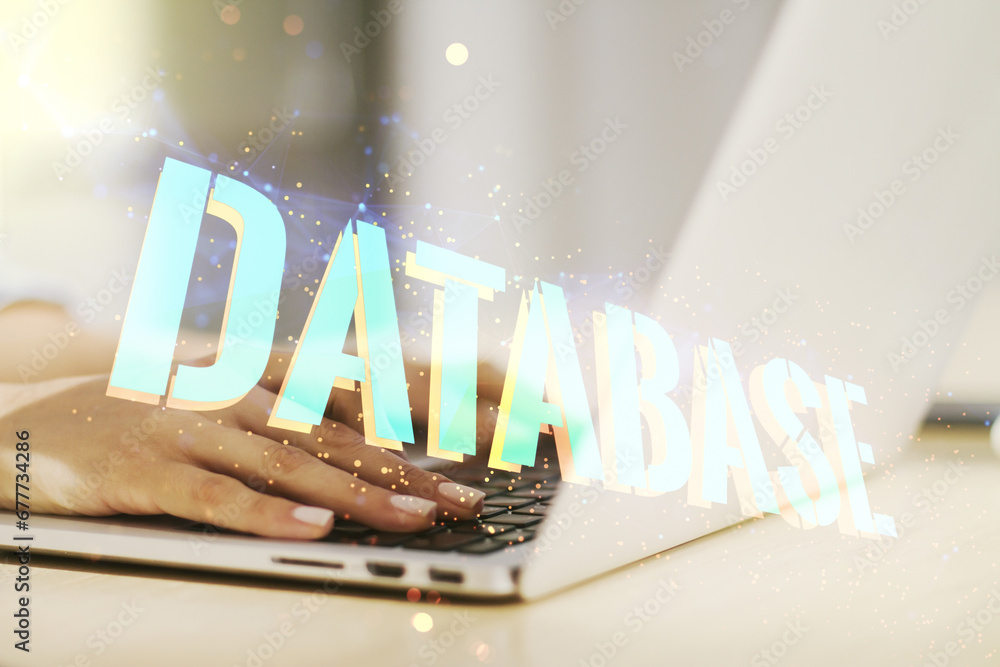 Poster double exposure of database word sign with hands typing on computer keyboard on background, global r