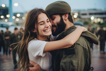 Soldier returning home after military mission of war. Emotional family reunion, girlfriend hugging Israel soldier young man boyfriend.
