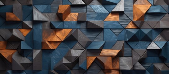  a close up of a wall made up of many different types of shapes and sizes of blocks of blue, orange, and brown.