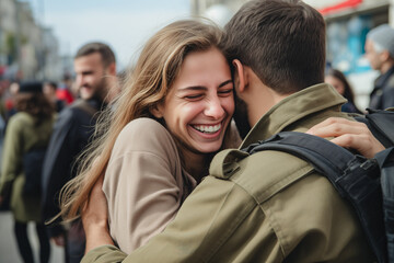 Soldier returning home after military mission of war. Emotional family reunion, girlfriend hugging Israel soldier young man boyfriend.