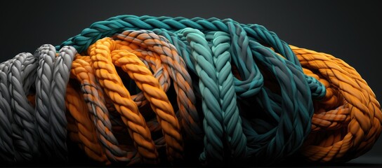  a bunch of different colored ropes sitting on top of a black surface with one knot in the middle of the rope.