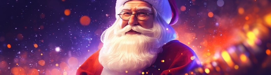  a close up of a santa clause wearing glasses and a red coat with a long white beard and wearing glasses.