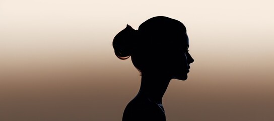  a silhouette of a woman's head with a hairdow in the middle of her head, against a beige background.