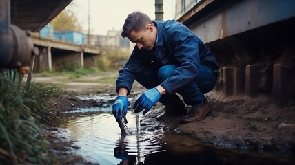 Concept portable water quality measurement. Technician man in full body protective suit collecting sample of river. - obrazy, fototapety, plakaty