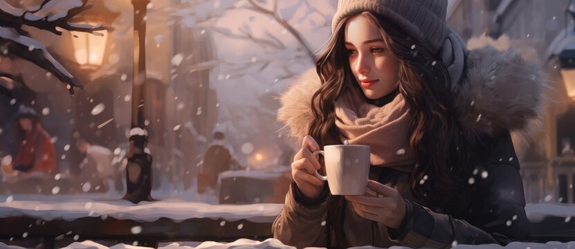  a painting of a woman holding a cup of coffee in a snowy winter scene with snow falling on the ground.