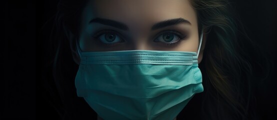 a woman's face with a surgical mask covering her face and looking at the camera with a serious look on her face.