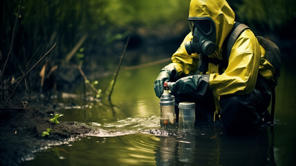 Concept portable water quality measurement. Technician man in full body protective suit collecting sample of river.