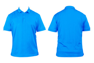 Blank clothing for design. Light blue polo shirt, clothing on isolated white background, front and back view, isolated white. Mockup.