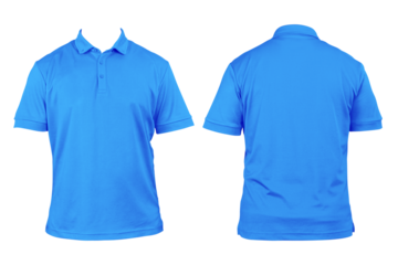 Blank clothing for design. Light blue polo shirt, clothing on isolated white background, front and back view, isolated white. Mockup.