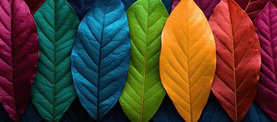  a group of multicolored leaves in a row on top of a black background with a red, yellow, green, blue, and red leaf in the middle.