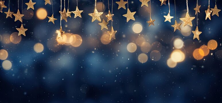  a group of gold stars hanging from a string on a dark blue background with boke of lights in the background.