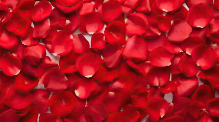  a large group of red petals on a white background with a light reflection of the petals in the center of the image.