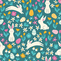 Seamless vector pattern with cute Easter bunnies and decorated Easter eggs and folk flowers.