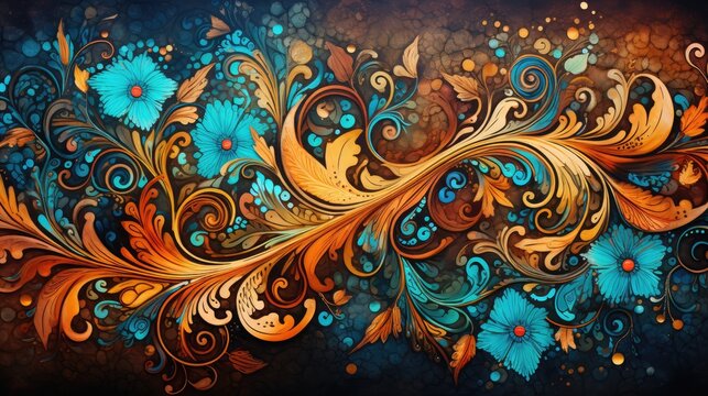  a painting of blue and orange flowers and swirls on a black background with blue and orange flowers and swirls on the bottom half of the top of the painting.  generative ai