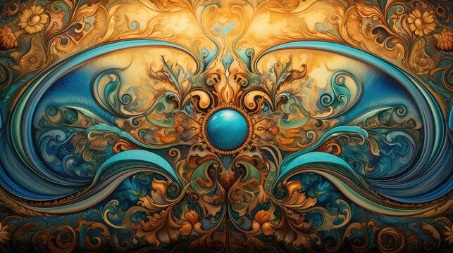  a painting of blue and gold swirls with a blue ball in the middle of the painting and gold swirls on the bottom half of the image and bottom half of the image.  generative ai