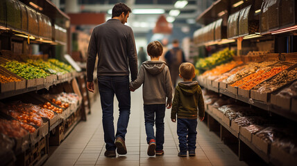 Father and son choosing vegetables in a grocery store. Selective focus.