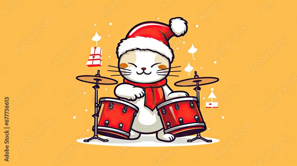 Poster a white cat wearing a santa hat and holding a drum set in front of a yellow background with a red dr