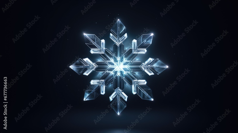 Poster a snowflake on a dark background with a bright light coming from the center of the image and the sno