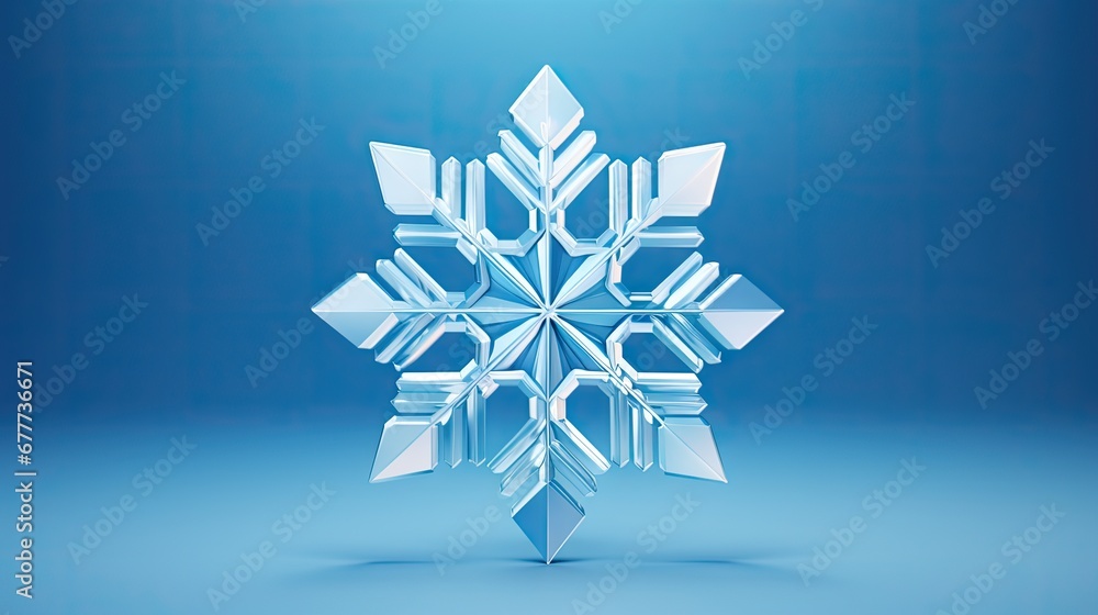 Poster a snowflake shaped like a snowflake on a blue background with a light shining on the top of the snow