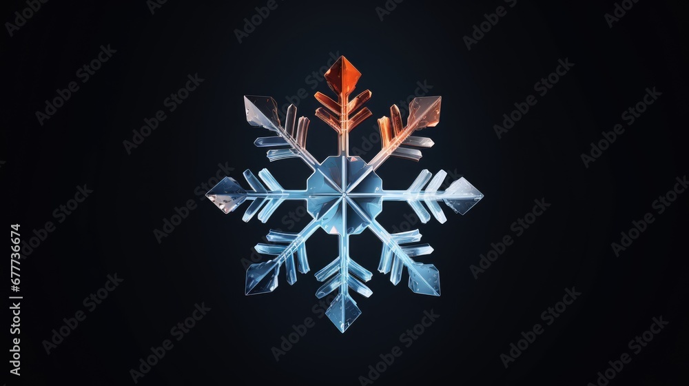 Poster an image of a snowflake that looks like it has been made out of ice and has a red tip on the tip of 