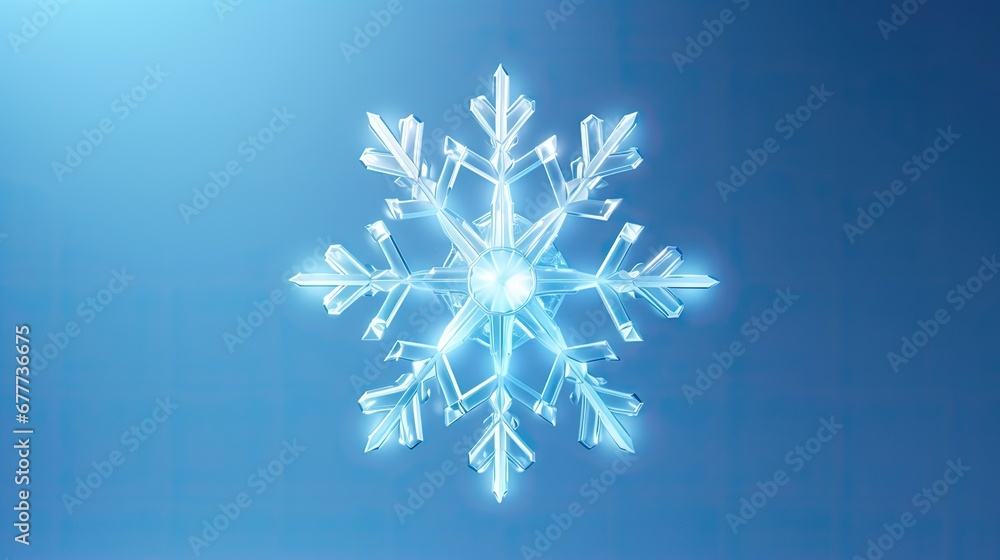 Poster a close up of a snowflake on a blue background with a blurry image of a snowflake in the middle of t