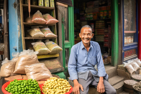 Nepalese Shop Owner's Smiles of Achievement. His hard work pays off as he proudly opens his store.
