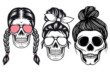 Woman skull With Messy Bun hair. Mom Life illustration in various themes. Hand drawn Vector collection. V23