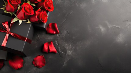  a black box with a red ribbon and a bunch of red roses on a gray background with a red bow.