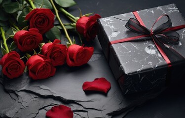  a bunch of red roses sitting next to a black box with a red ribbon and a bow on top of it.