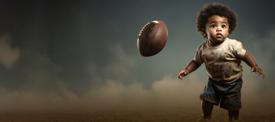 Adorable african american baby boy play football. empty space, panoramic banner