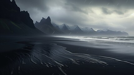 Black Sand Beaches with Mountain View Landscape Photography - obrazy, fototapety, plakaty