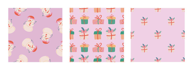 Christmas gifts seamless pattern set. Festive trendy decorative gift boxes. Hand drawn modern vector texture