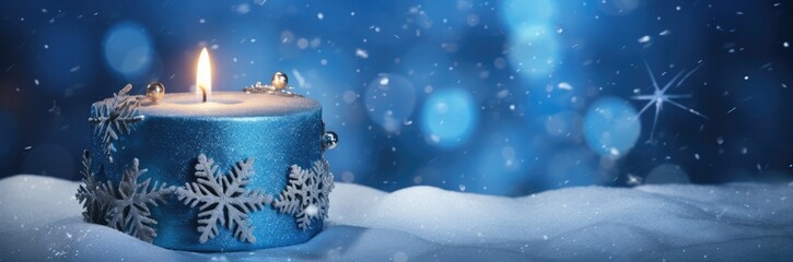 Fototapeta na wymiar a lit candle sitting on top of a pile of snow next to a blue background with snowflakes and snow flakes.