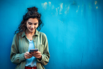 Fototapeta na wymiar young woman walking looking at phone and smiling on blue background