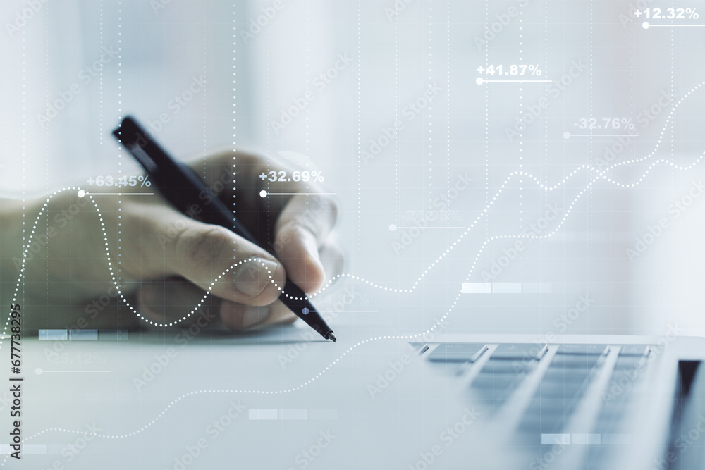 Poster double exposure of abstract creative statistics data hologram with hand writing in notepad on backgr