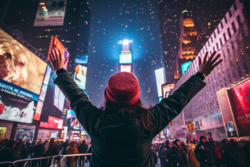woman cheering celebrate new year eve time square Manhattan under the led billboard signage  