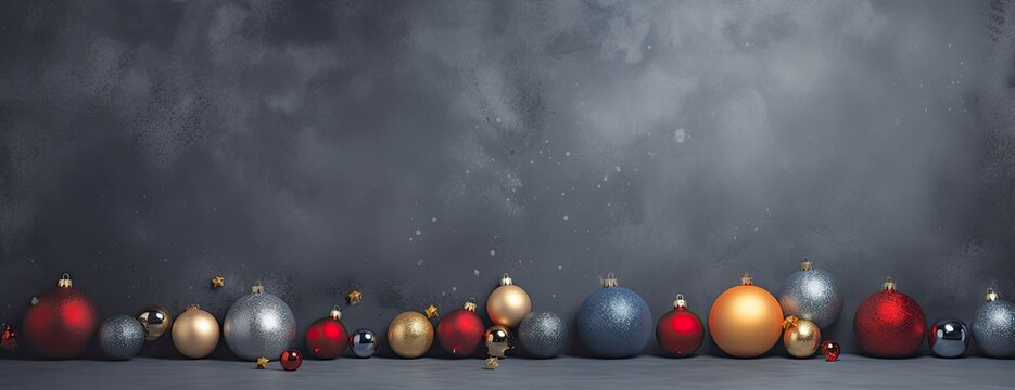  a row of christmas baubles sitting in front of a black background with a gray wall in the background.