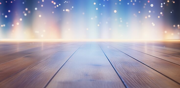  a blurry image of a wooden floor with a blue and yellow light coming from the top of the floor.
