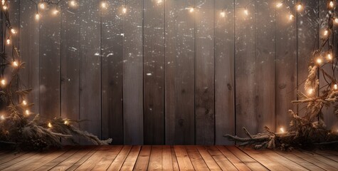  a room with a wooden floor and a string of lights hanging from the ceiling and a wooden floor in front of a wooden wall.