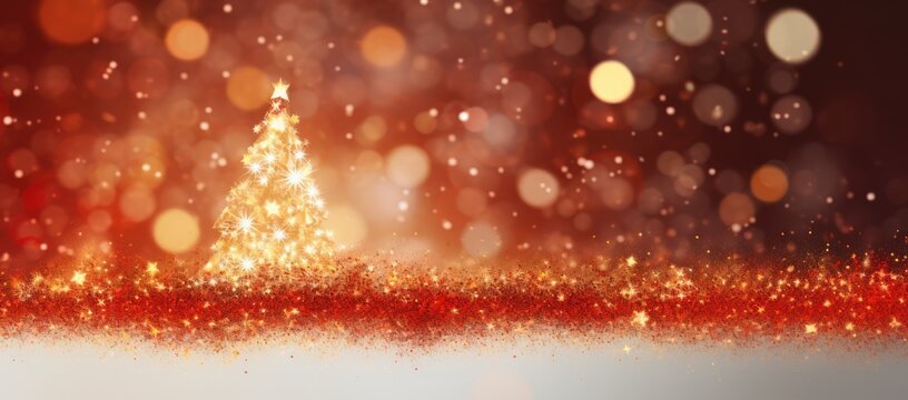  a red and gold glitter christmas tree on a red and white background with a blurry boke of lights.
