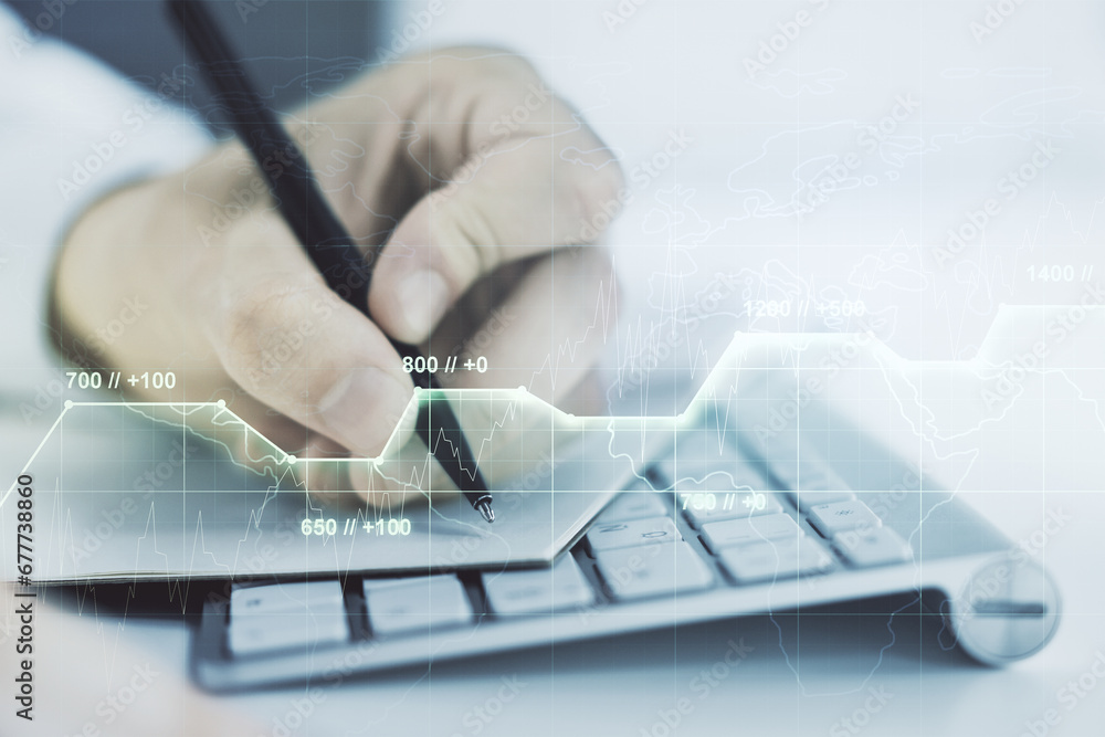 Poster Abstract creative analytics data spreadsheet with hand writing in diary on background with laptop, analytics and analysis concept. Multiexposure