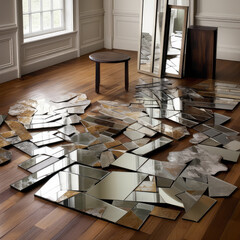 Shattered and broken mirror pieces on wooden floor inside vintage house. Broken dreams concept, repairing old room