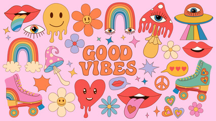 Retro groovy 70s elements. Funky cartoon mushrooms, flowers, rainbow, ufo, lips, roller skates vintage set.